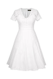 White Solid V-neck 1950s Dress with Lace