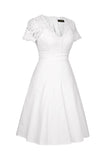 White Solid V-neck 1950s Dress with Lace