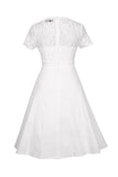 White Solid V-neck 1950s Dress with Lace