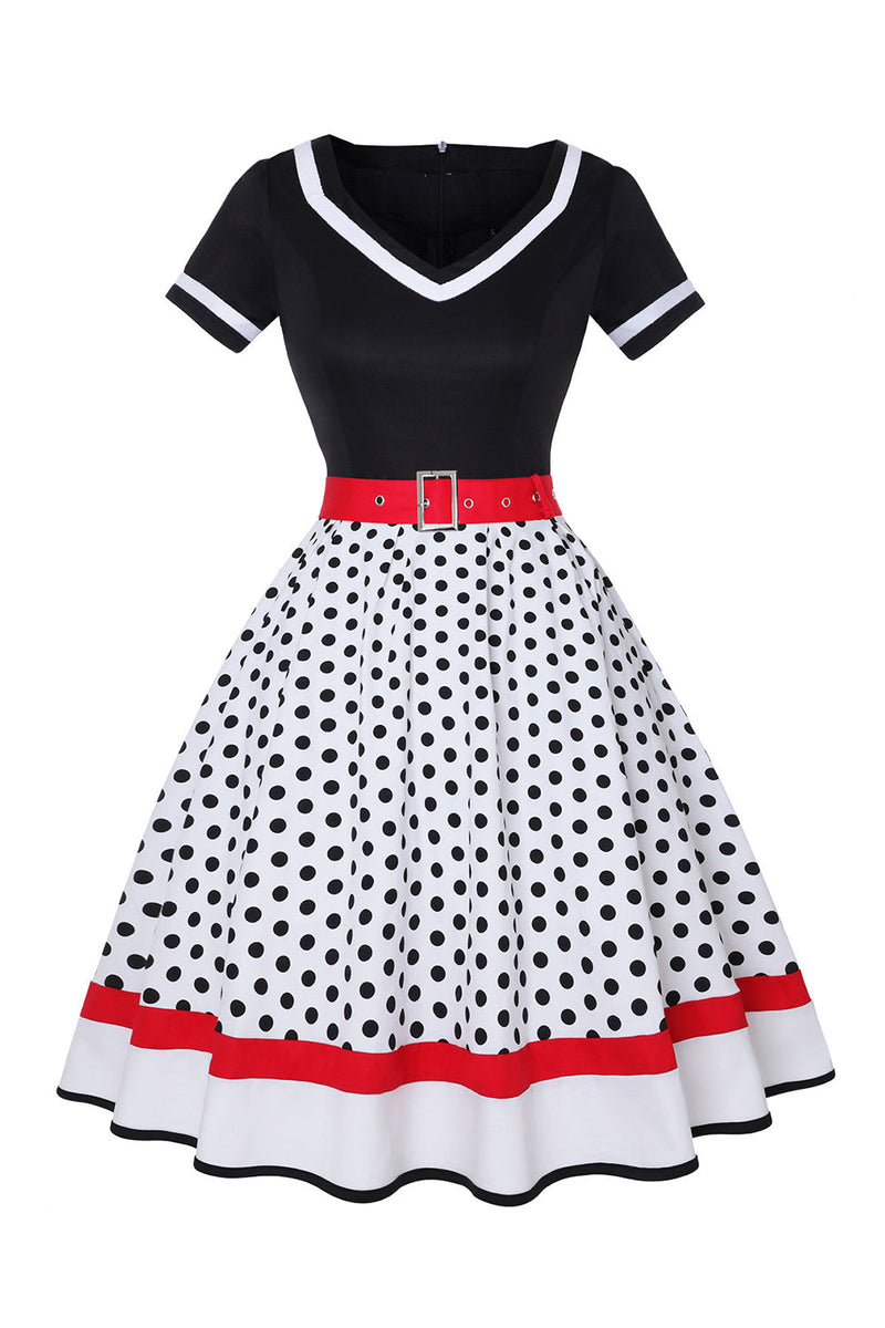 Load image into Gallery viewer, Black V-neck Polka Dots 1950s Dress