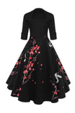 Black Floral Crane Printed Vintage 1950s Dress