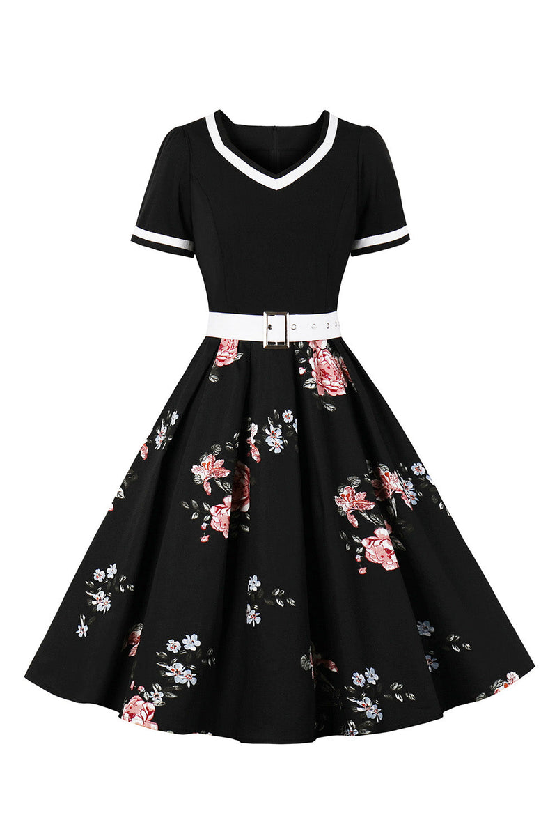 Load image into Gallery viewer, V Neck Short Sleeves Black 1950s Dress With Belt