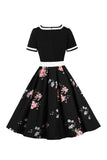 V Neck Short Sleeves Black 1950s Dress With Belt