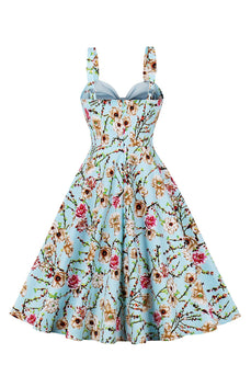 Blue Flower Spaghetti Straps 1950s Dress With Bow
