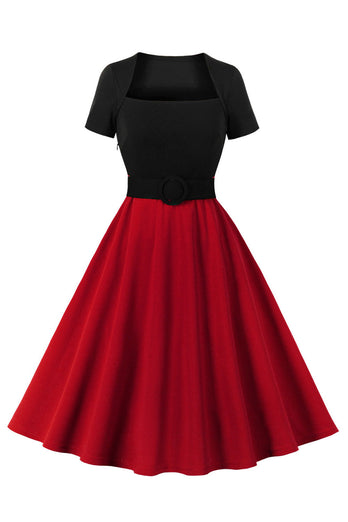 Retro Style Square Neck Burgundy 1950s Dress