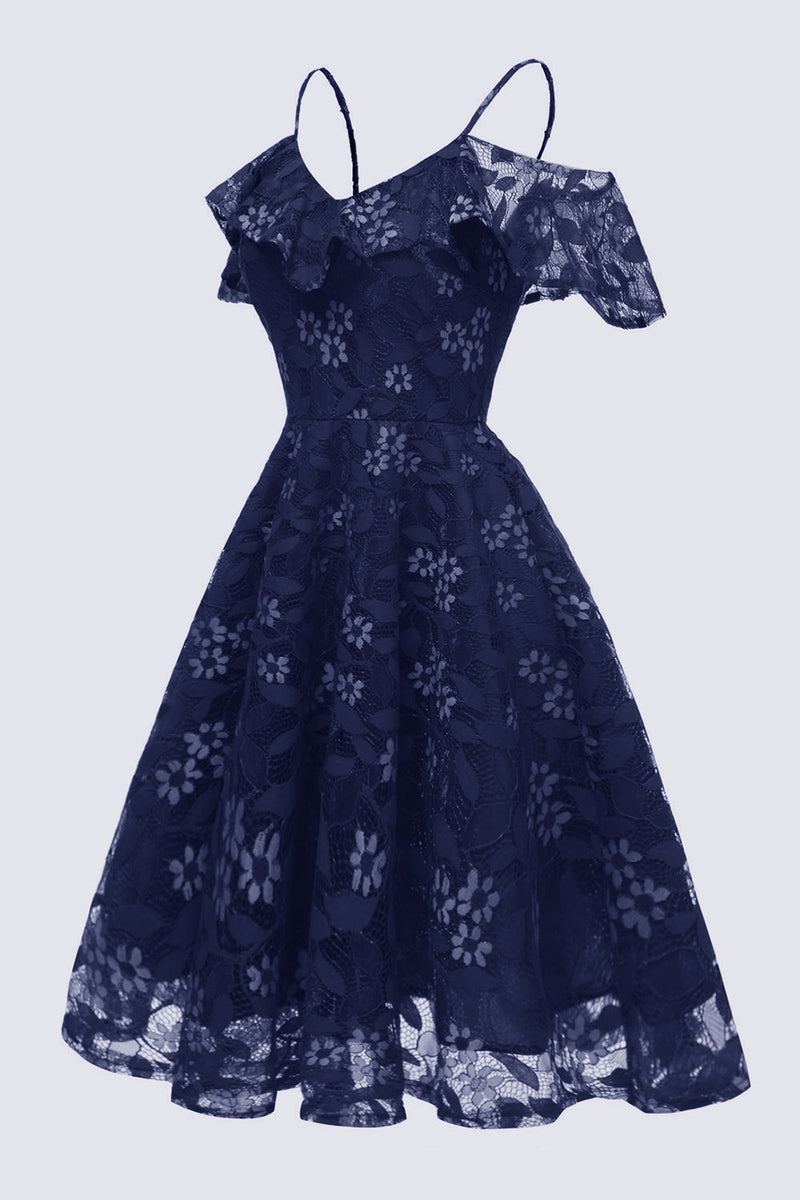 Load image into Gallery viewer, A Line Off the Shoulder Blush Lace Dress
