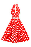 Hepburn Style Halter Neck Polka Dots Red 1950s Dress