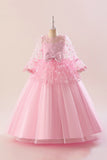 Pink Tulle Girl Party Dress with Appliques