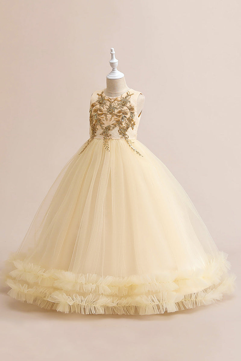 Load image into Gallery viewer, Champagne Tulle A Line Girl Dress with Embroidery