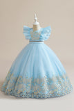 Blue A Line Tulle Girl Dress with Embroidery