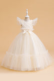 Tulle A Line Champagne Girl Dress with Bow