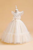 Tulle A Line Champagne Girl Dress with Bow