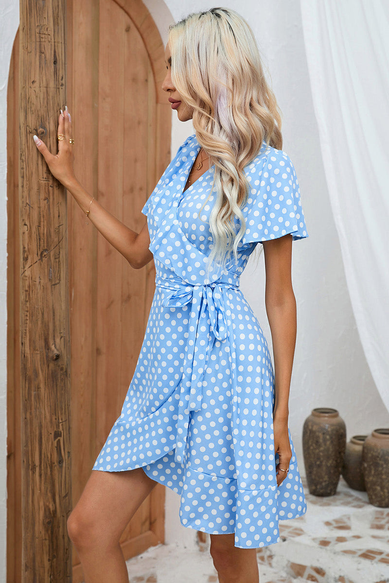 Load image into Gallery viewer, Blue Polka Dots Wrap Summer Dress