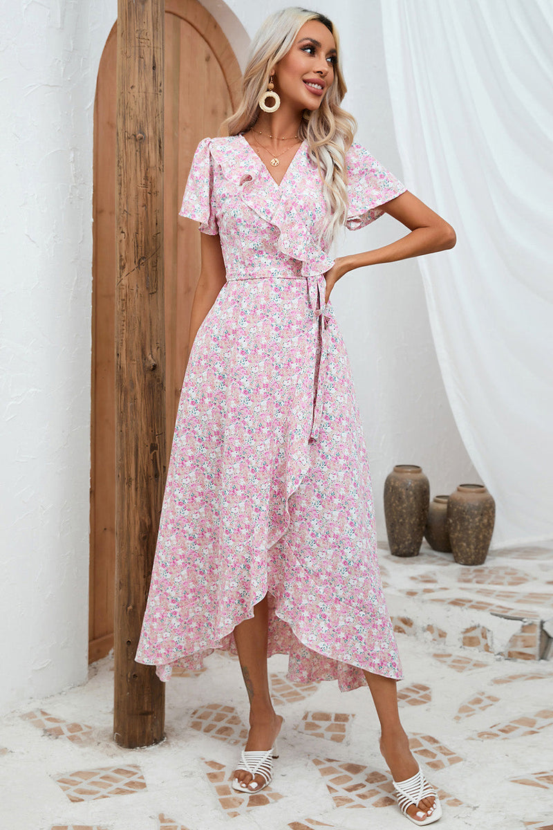 Load image into Gallery viewer, Pink Floral Maxi Wrap Dress