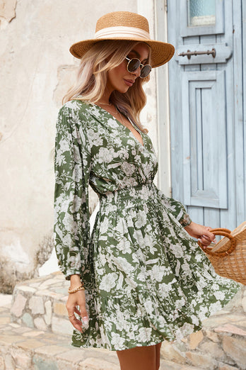 Green Floral Long Sleeves Summer Dress