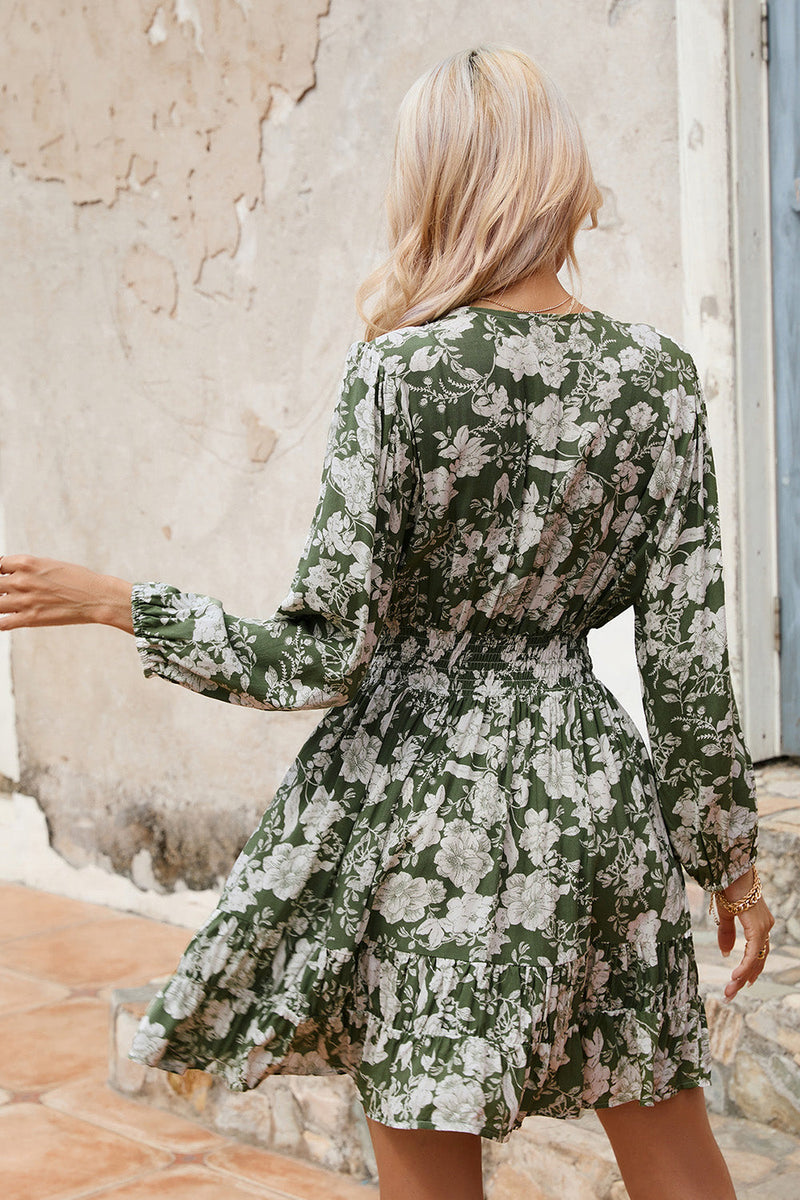 Load image into Gallery viewer, Green Floral Long Sleeves Summer Dress