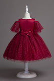 A Line Off the Shoulder Burgundy Tulle Girl Dress