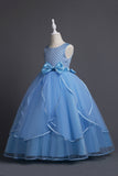 Blue Round Neck Tulle Long Girls' Dress