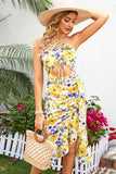 Halter Yellow Printed Summer Casual Dress with Ruffles