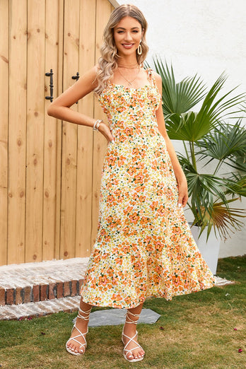 Yellow Floral Printed Summer Casual Dress with Ruffles