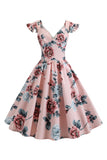 Pink Floral Printed Swing 1950s Dress