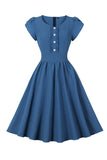 Blue Plaid Swing 1950s Dress with Ruffles