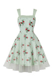 Green Plaid Swing 1950s Dress with Floral Printed