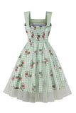 Green Plaid Swing 1950s Dress with Floral Printed