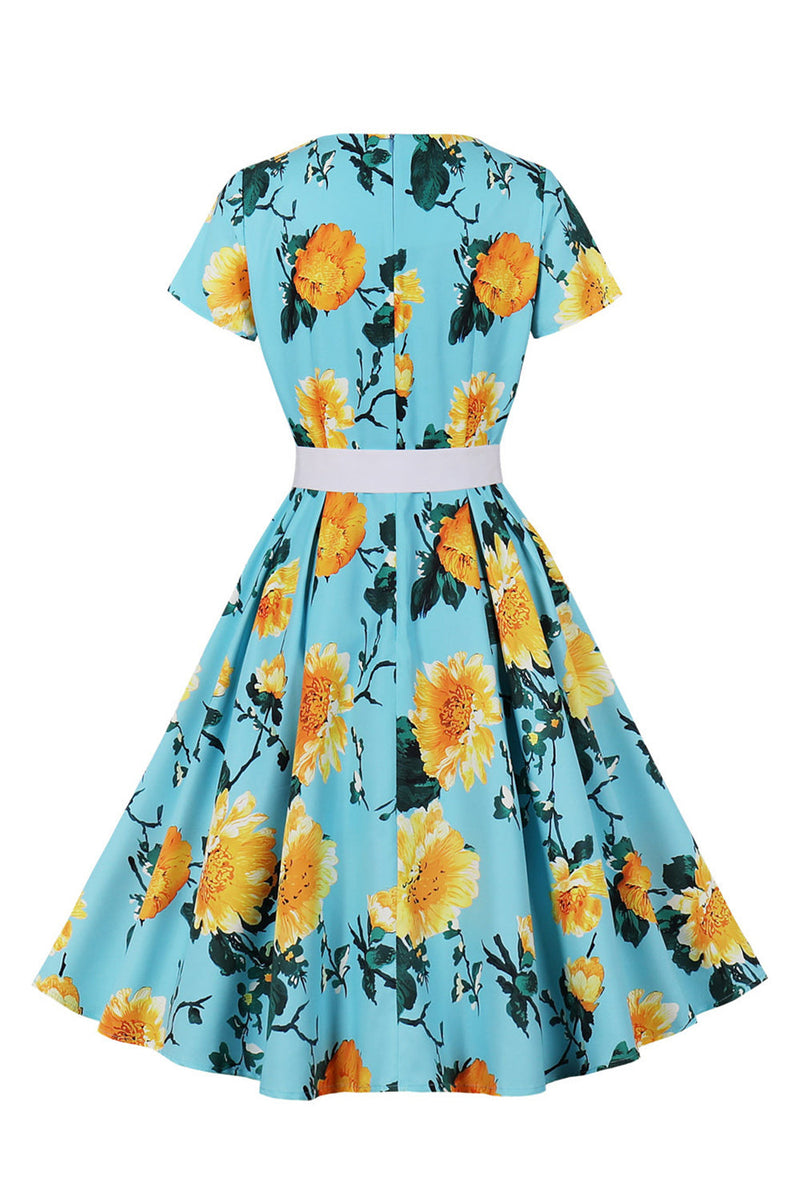 Load image into Gallery viewer, Blue Flower Print Short Sleeves Vintage Dress