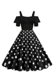 Black Cold Shoulder Polka Dots 1950s Dress