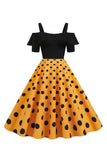 Black Cold Shoulder Polka Dots 1950s Dress