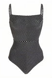 Black Stripe High Waist One Piece Swimsuit with Beach Skirt