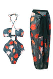 Halter Neck Keyhole One Piece Bikini with Beach Skirt
