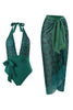 Load image into Gallery viewer, Halter Neck Green One Piece Swimwear with Beach Skirt