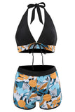 Two Piece Printed Green Halter Neck High Waist Swimwear