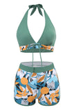 Two Piece Printed Green Halter Neck High Waist Swimwear