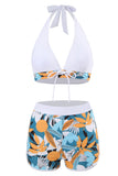 Two Piece Printed Green Halter Neck High Waist Swimwear