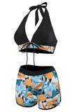 Two Piece Printed Green Halter Neck High Waist Swimwear