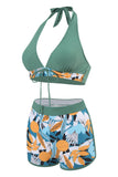 Two Piece Printed Green Halter Neck High Waist Swimwear