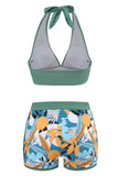 Two Piece Printed Green Halter Neck High Waist Swimwear