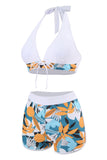 Two Piece Printed Green Halter Neck High Waist Swimwear