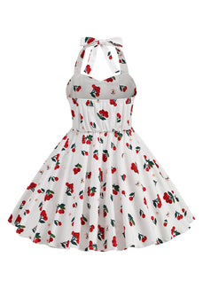 Halter Printed White Girls Dress with Bow