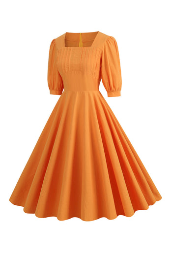 Orange Half Sleeves Square Neck 1950s Dress