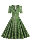 Green Plaid Short Sleeves 1950s Dress With Bowknot