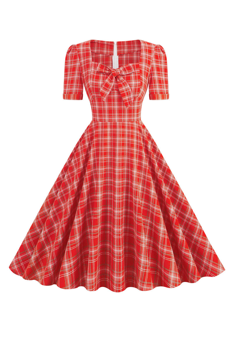 Load image into Gallery viewer, Green Plaid Short Sleeves 1950s Dress With Bowknot