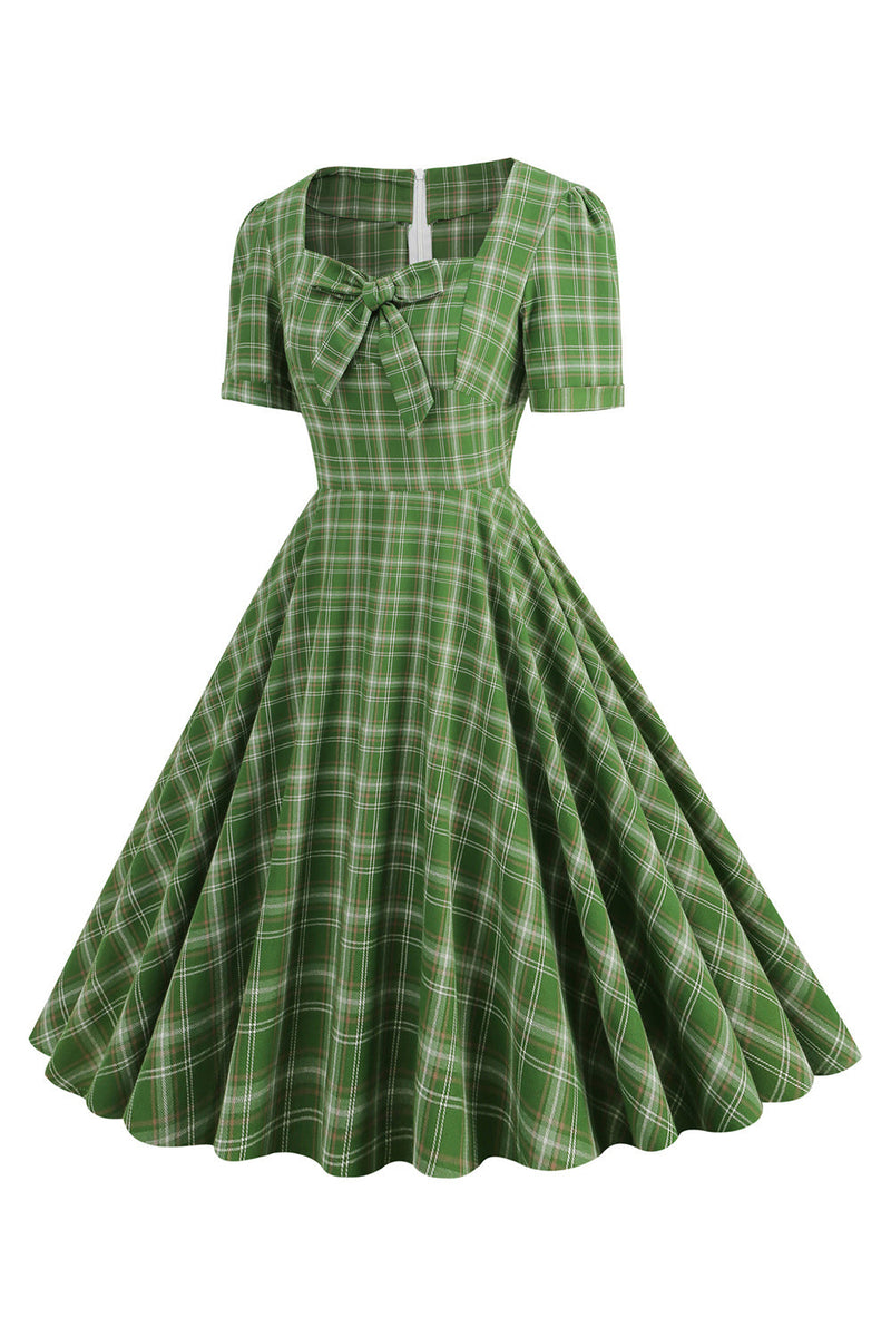 Load image into Gallery viewer, Green Plaid Short Sleeves 1950s Dress With Bowknot