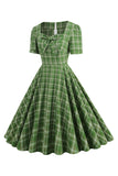 Green Plaid Short Sleeves 1950s Dress With Bowknot