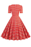 Green Plaid Short Sleeves 1950s Dress With Bowknot