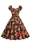 Black Flower Print Swing Retro Dress With Short Sleeves