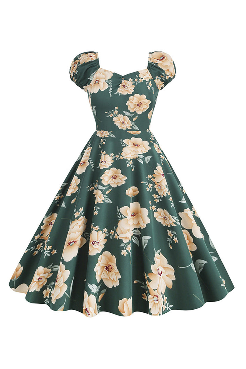 Load image into Gallery viewer, Black Flower Print Swing Retro Dress With Short Sleeves